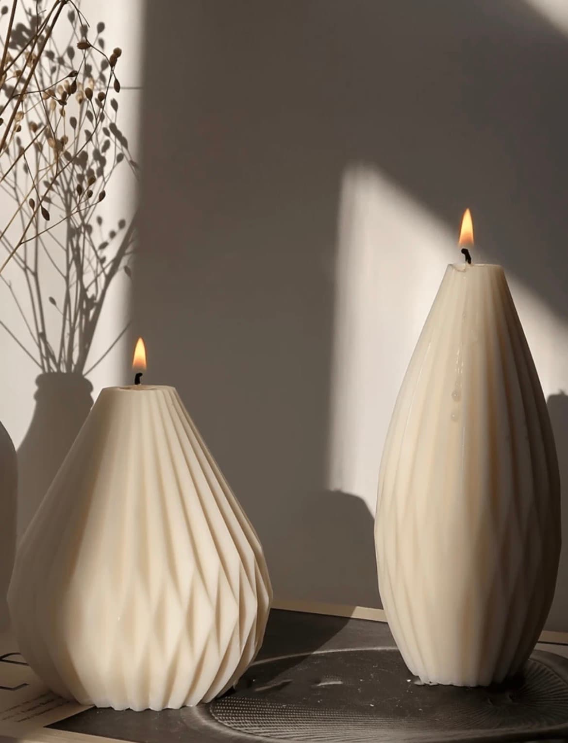 Pleated origami teardrop candles, hand-poured in soy wax