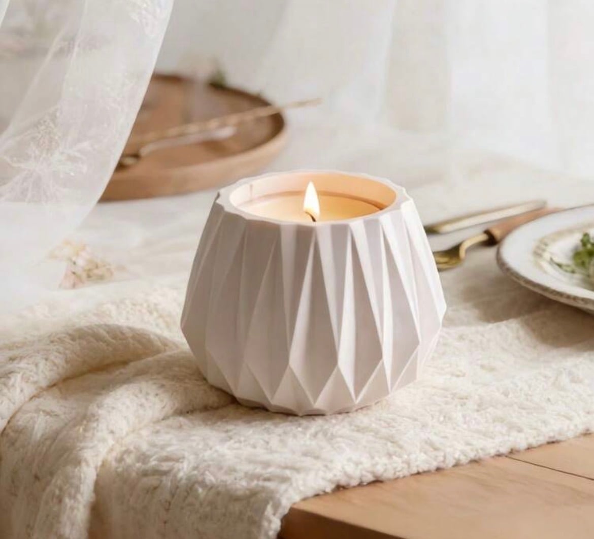 Origami-faceted ceramic vessel candle