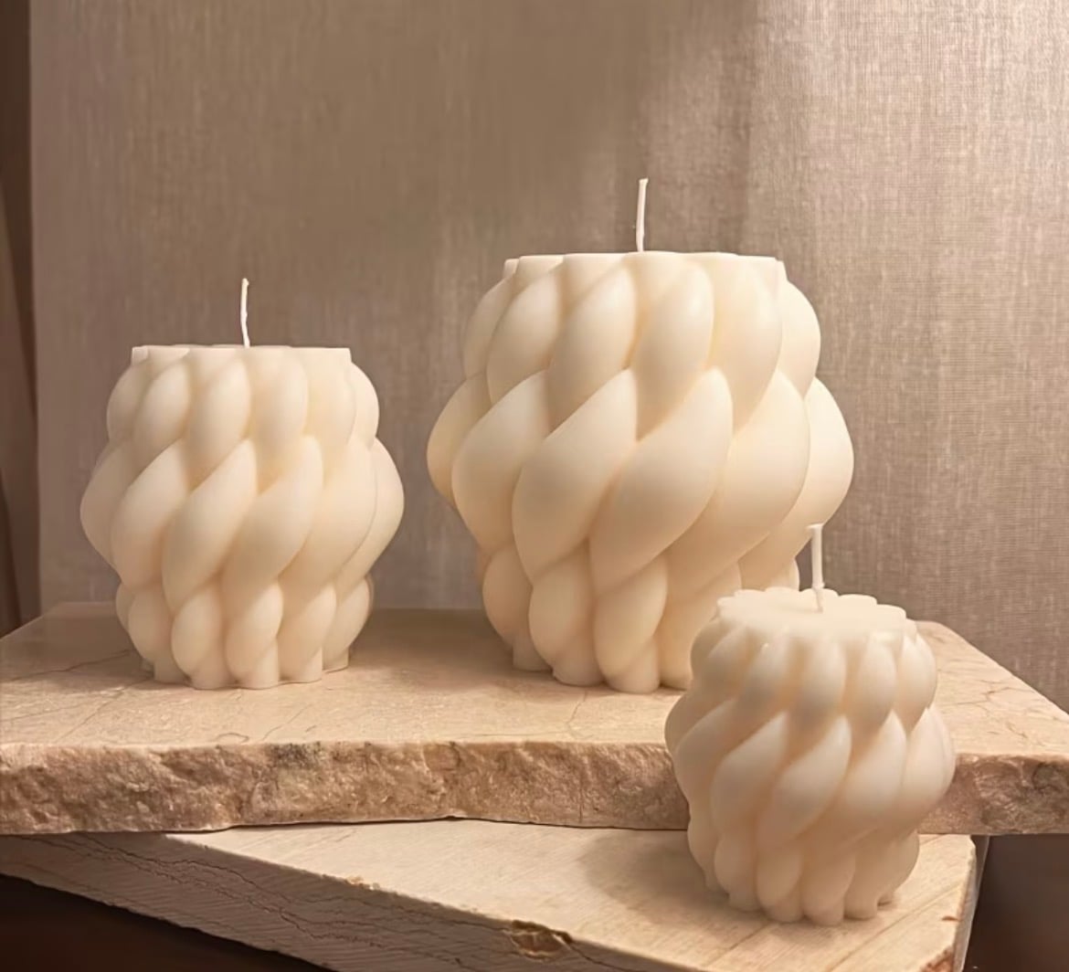 Twisted rope candles on marble, hand-poured in soy, beeswax and coconut wax