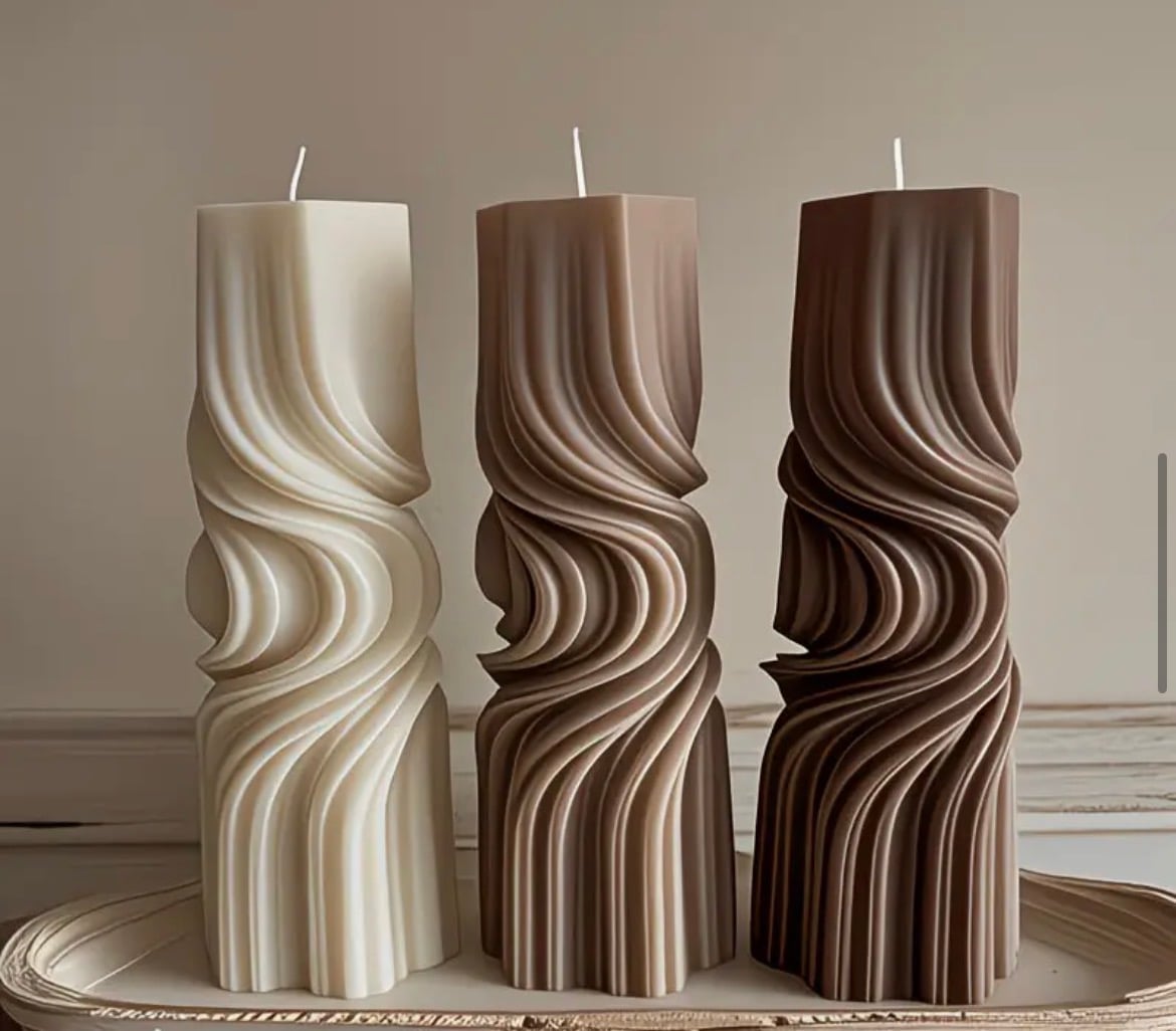 Twisted wavy pillar candles, hand-poured in soy, beeswax and coconut wax