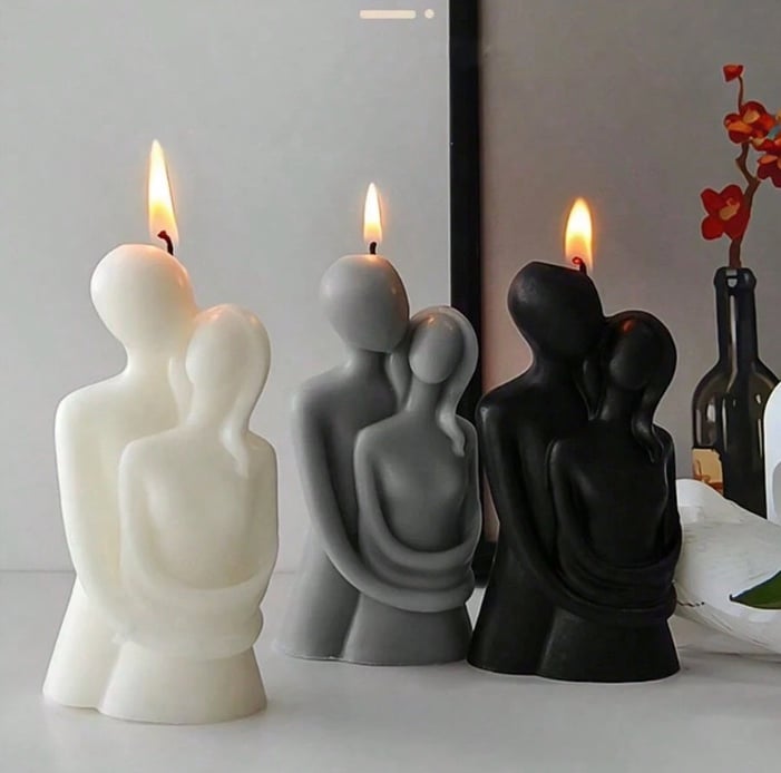 Embracing-couple figurine candles in cream and lilac, hand-poured in soy, beeswax and coconut wax