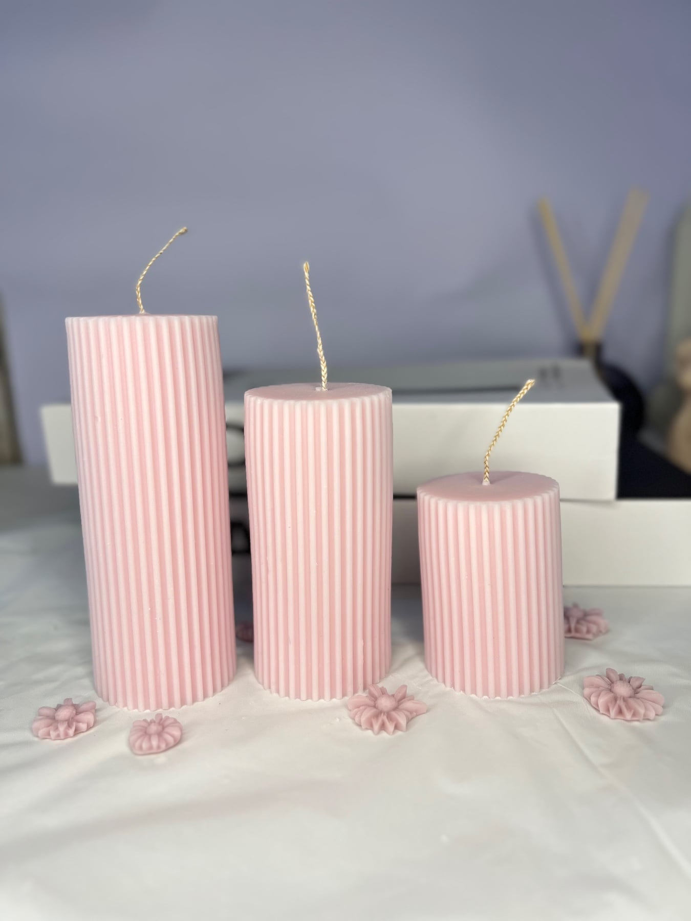Flat-topped ribbed pillar candles, hand-poured in soy, beeswax and coconut wax
