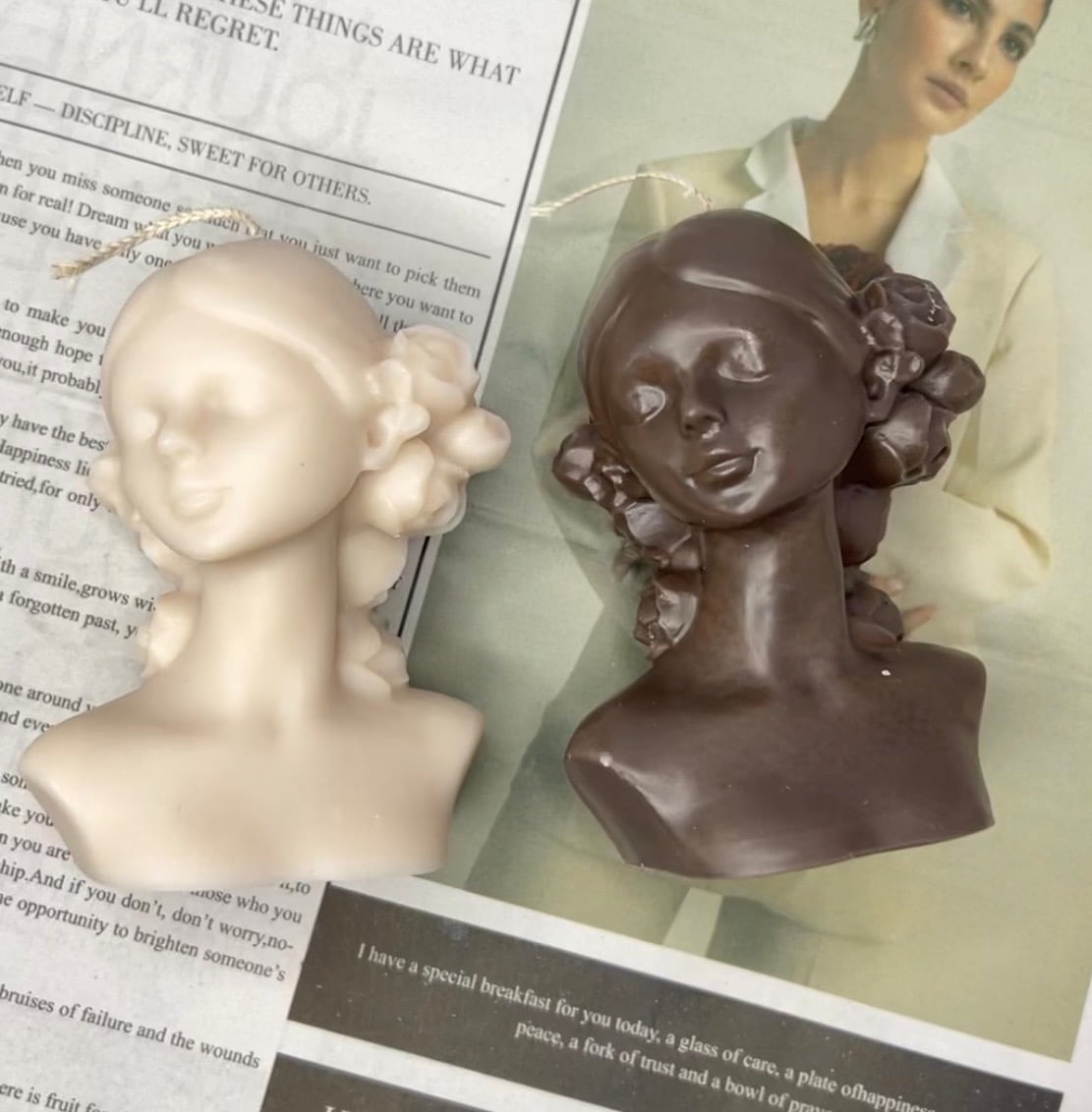 A bust candle with flowers in the hair, hand-poured in soy wax