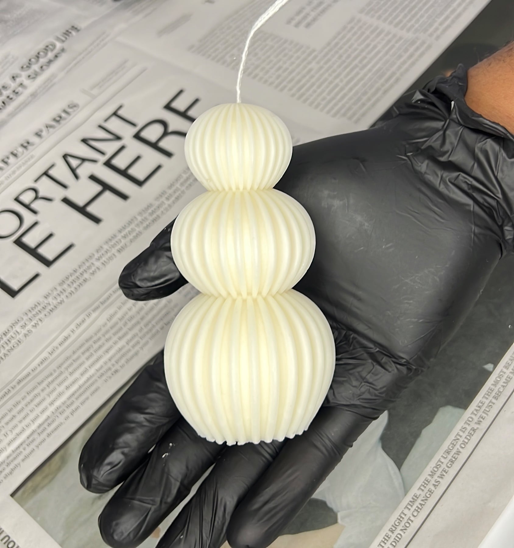 Stacked triple-sphere ribbed candle, hand-poured in soy wax