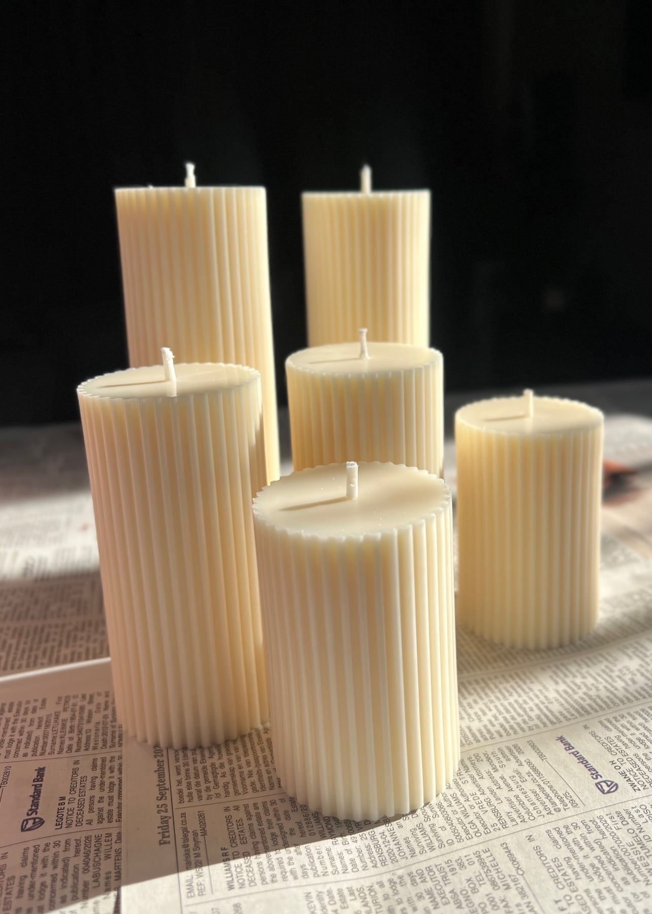 Flat-topped ribbed pillar candles, hand-poured in soy, beeswax and coconut wax