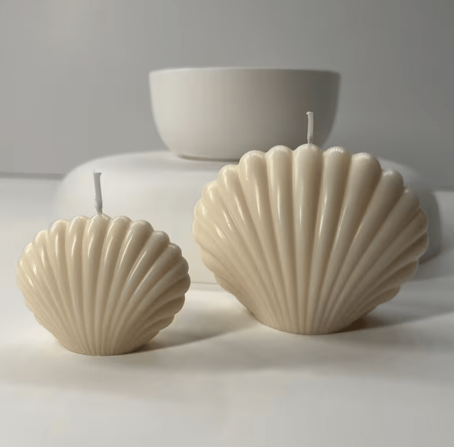 Scallop seashell candle in pale ivory, hand-poured in soy wax