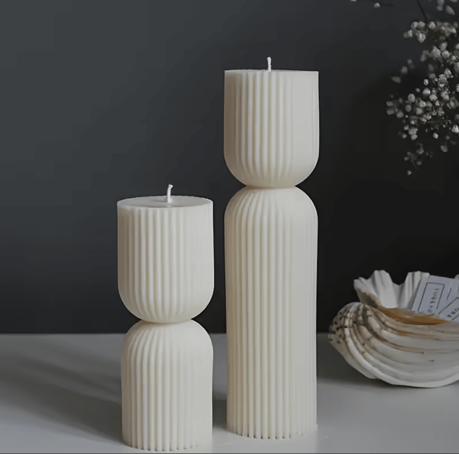 Fluted goblet pillar candles in many tones, hand-poured in soy wax